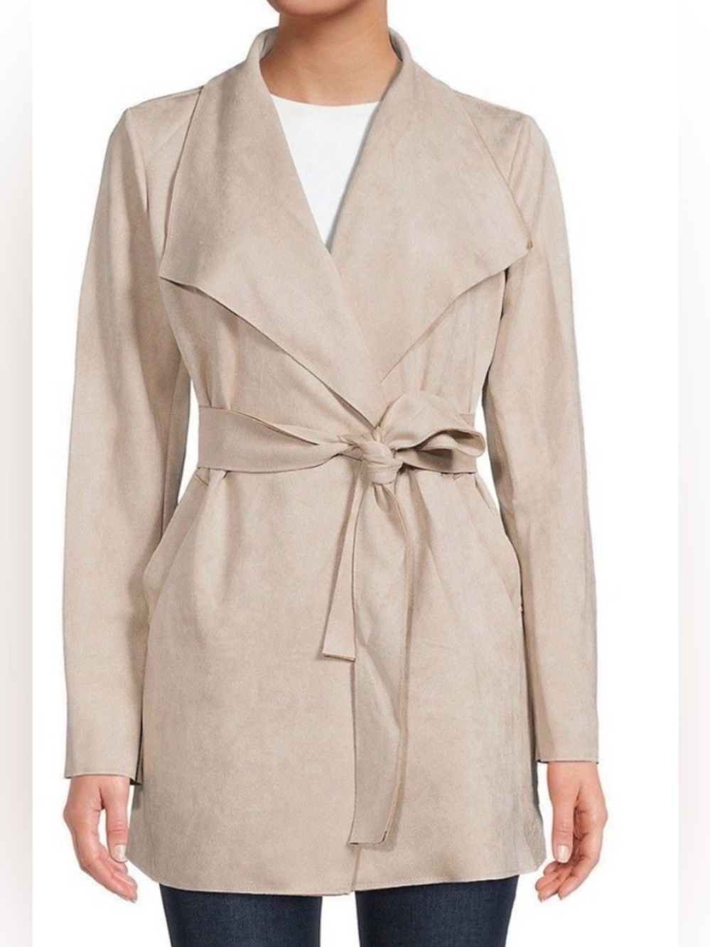 MAGASCHONI CAMEL TAN FAUX SUEDE OPEN FRONT JACKET WITH TIE BELT SZ XS